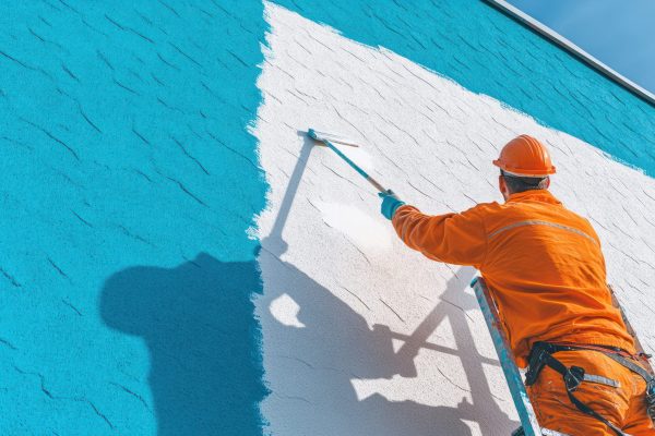 Painter at Work on Building Facade, painter in vivid orange attire applies a fresh coat of white paint to a building's exterior under clear skies --chaos 15 --ar 16:9 --style raw --stylize 250 --v 6.1 Job ID: bb12438f-5be1-47ba-b81c-03e9acef64ec